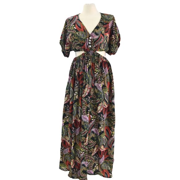 Olivaceous Womens Dark Tripical Maxi Dress Resortwear Bodice Cut Out Sz S - Picture 1 of 8